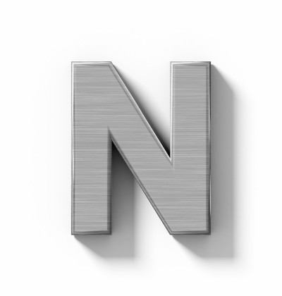 字母N三维金属孤立在白色与阴影正交投影
