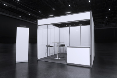 展览代表模型和企业形象，展示。展厅空展位设计元素。空白展位3d展示。展位系统与旗帜图形。3d渲染。