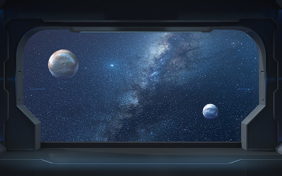 行星和银河系从飞船的视图，3d渲染。
