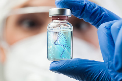 英国实验室科学家生物技术手玻璃安瓿与DNA链