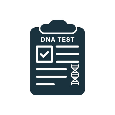 DNA分析结果文件与分子结构，脱氧核糖核酸螺旋剪影图标。DNA检测结果报告遗传信息符号图标。孤立的矢
