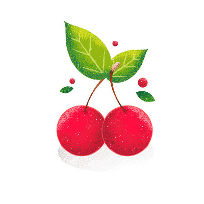 白色背景上的樱桃。矢量卡在grunge风格。噪声纹理阴影。有机食品