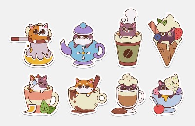 向量猫贴纸。与可爱的猫的饮料插图。热饮和冰淇淋