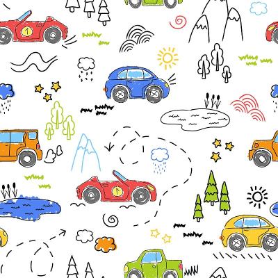 儿童图案与可爱的汽车。有趣的汽车。矢量手绘插图。