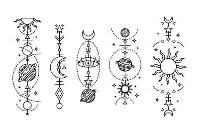 一套神秘的占星矢量插图。魔法符号。星座。天文学。艺术线条插图。