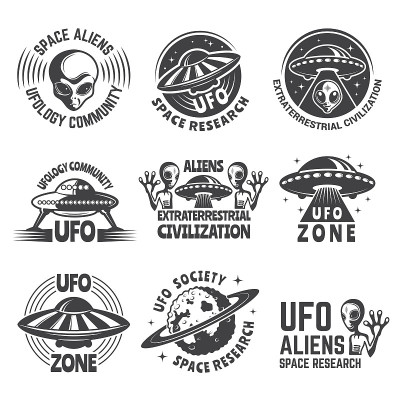 黑白标签或徽章上有外星人、ufo和太空的图片
