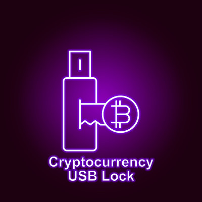 比特币usb锁钥匙轮廓图标霓虹灯风格。元素的加密货币插图图标。符号和符号可以用于网页，标志，手机应用