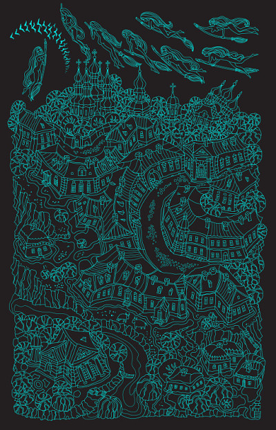 Vector outline contoured fantasy landscape, fairy 