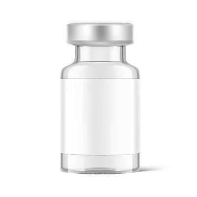 注射疫苗的透明玻璃瓶模型。