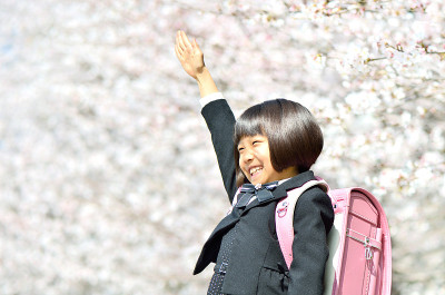 手を上げる新一年生の女の子(桜)