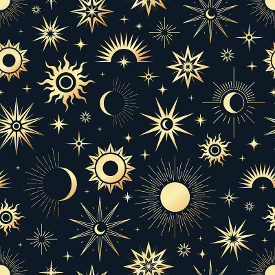 矢量魔法无缝模式与黄金太阳，月亮和星星。