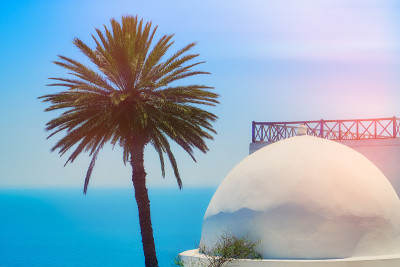突尼斯Sidi Bou Said的阿拉伯建筑的半圆形屋顶，大海，太阳和棕榈树