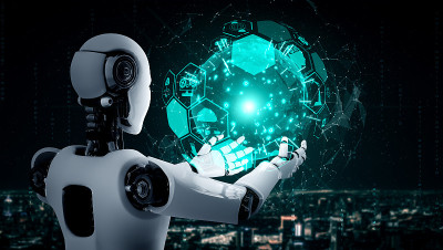 AI humanoid robot holding hologram screen shows co