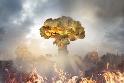 末日后城市的3D渲染中的原子弹爆炸