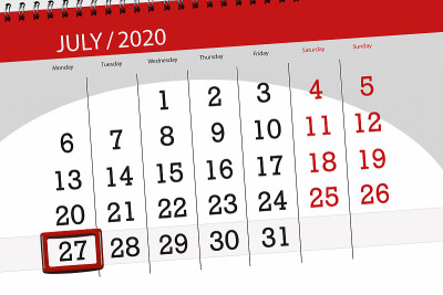 日历计划，2020年7月，截止日期，27日，周一