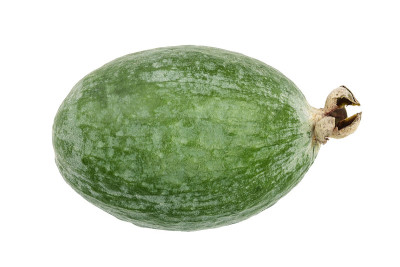 热带水果feijoa Acca sellowiana孤立在白色背景。前视图。平躺模式