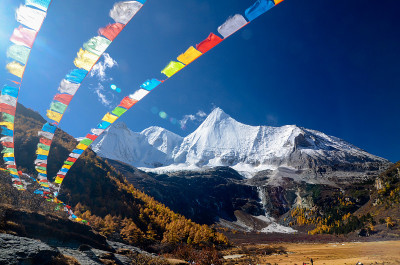秋天，亚丁自然保护区的五彩森林和雪山
