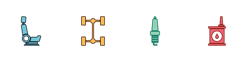 汽车座椅，汽车底盘，火花塞和汽油罐的图标。向量