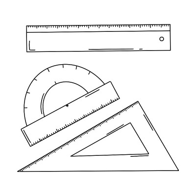 一套学校的线路。尺子、角尺和量角器。绘图工作的办公用品。学习用品。黑白矢量。涂鸦风格。汇票。手绘孤立