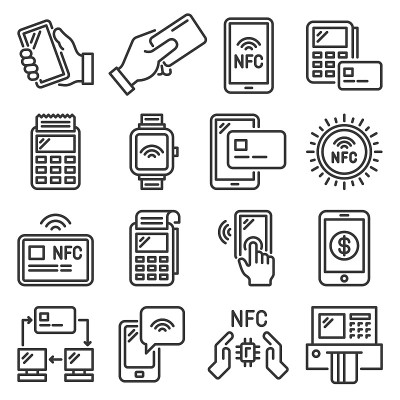 NFC手机支付和终端图标设置。向量