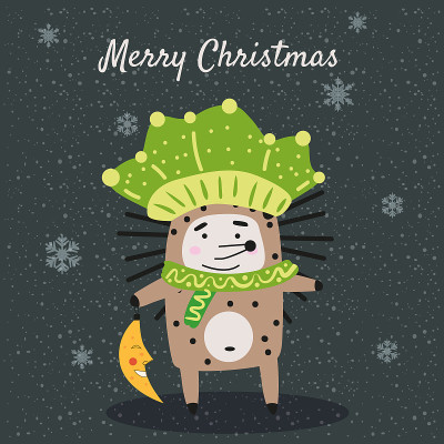 Merry Christmas Cute Hedgehog with scarf, hat and 