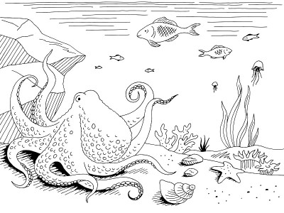 Underwater graphic sea black white sketch illustra