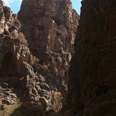 大卡纳里亚岛，沿着ravive Barranco Hondo的徒步旅行路线，岛屿南部的深峡谷，充满了