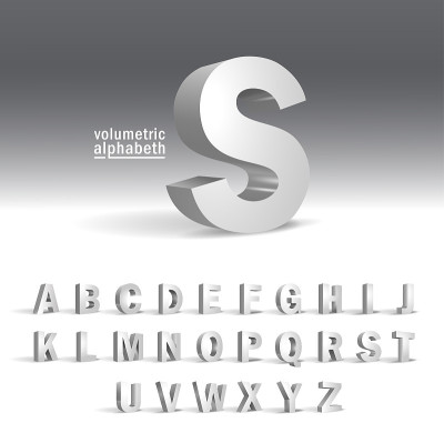 3 d字母模板。体积字母设计。现代风格的字母表。优雅的装饰。