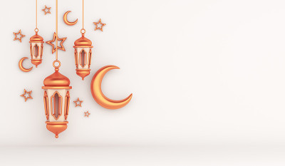 伊斯兰装饰背景与灯笼和新月，斋月kareem, mawlid，开斋饭，isra miraj, eid