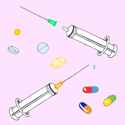 粉红色背景上是注射器，药丸和胶囊。医疗矢量插图。