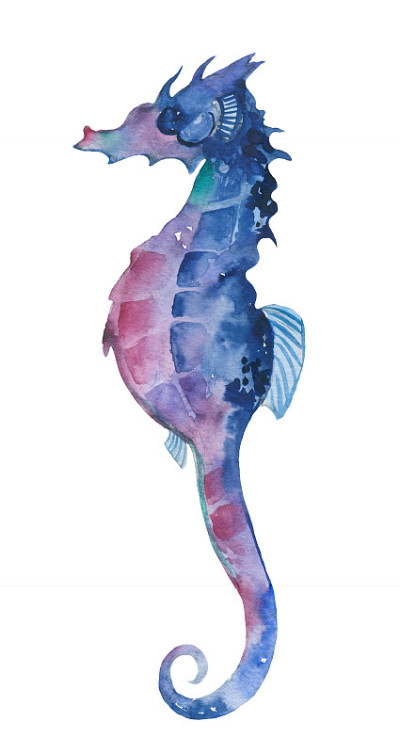 海马水彩画插图在海洋水下。海底世界。童话故事