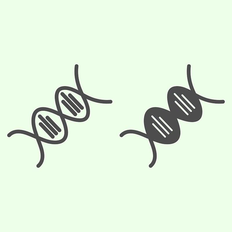 DNK分子线和固体图标。科学结构的DNA元素轮廓风格象形图上的白色背景。化学和医药标志的移动概念和网