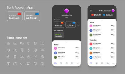 银行应用用户界面(UI)智能手机与额外的图标集。金融投资工具。向量。