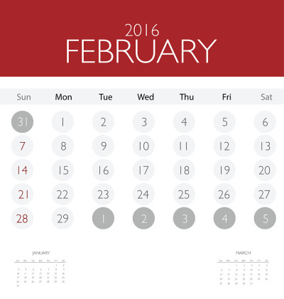 2016年日历，月历模板为2月。