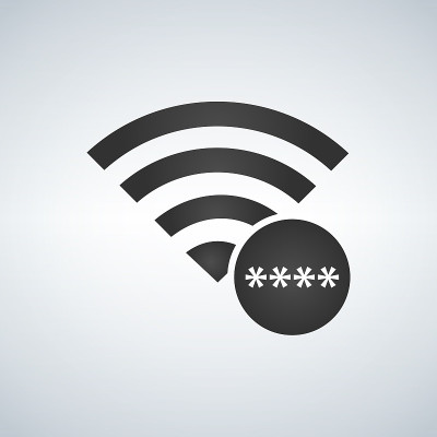 Wifi连接信号图标，圆圈内有密码星号。矢量插图孤立在现代背景。