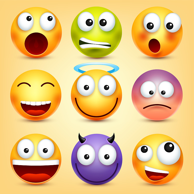 笑脸,表情符号。黄脸带着情绪。面部表情。3 d现实emoji。有趣的卡通character.Mood