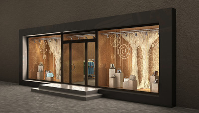 商店夜间外部，3d插图