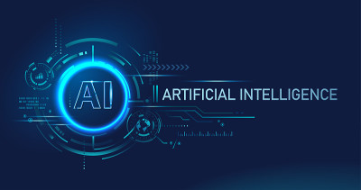 AI(人工智能)横幅，着陆页，神经网络，大数据，数字Hud未来和深度学习。抽象技术背景概念。