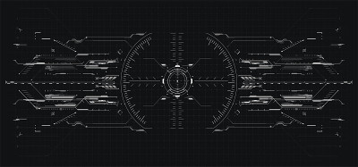 HUD, GUI, FUI现代瞄准系统与设备倾斜水平。未来的平视显示设计。太空船，无人机，头盔，十字