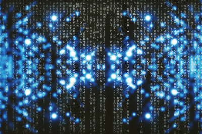 蓝色矩阵数字背景。抽象的网络空间的概念。人物倒了。来自符号流的矩阵。虚拟现实设计。复杂的算法数据黑客