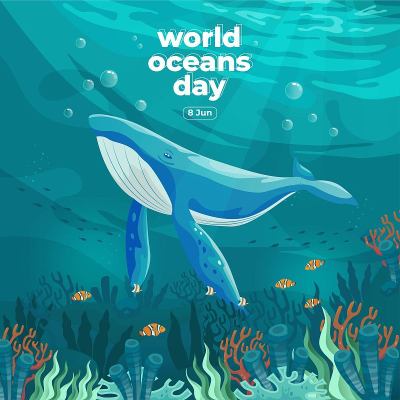 6月8日世界海洋日。拯救我们的海洋。大鲸鱼和鱼在水下游泳与美丽的珊瑚和海藻背景矢量插图。