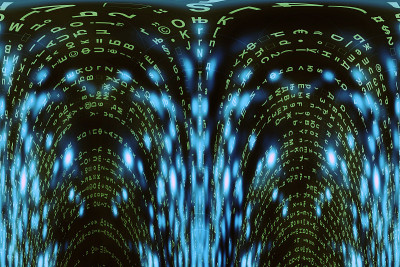 蓝绿色矩阵数字背景。扭曲的网络空间的概念。绿色的人物倒下了。来自符号流的矩阵。虚拟现实设计。复杂的算