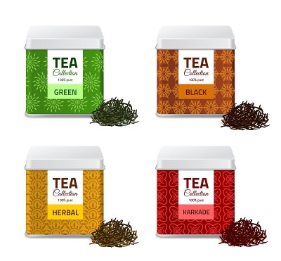 设计产品包装。逼真的锡盒与茶叶，金属礼品包装和黑色，红色和绿色干树叶，铝方形容器设置散装产品罐子矢量