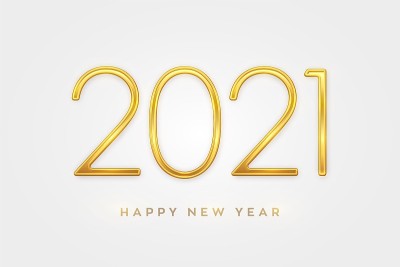2021年新年快乐。黄金金属奢侈品2021年销量。贺卡的现实标志。节日海报或节日横幅设计。矢量插图。