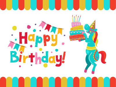 生日快乐。马戏表演风格的生日请柬。矢量插图。