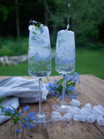 杯子里有水和冰，还有蓝色的花朵