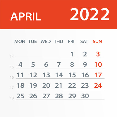2022年4月日历叶-矢量插图。一周从周一开始