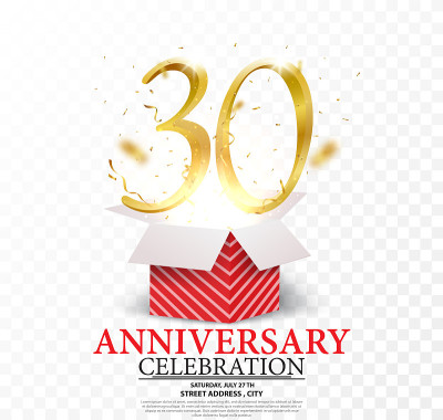 30周年庆典。金色的数字和闪闪发光的金色纸屑