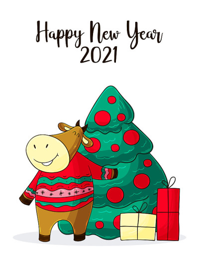 2021新年快乐儿童插画。中国新年牛年2021年