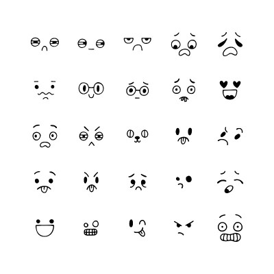 手绘有趣的笑脸。快乐卡哇伊风格。素描面部表情集。Emoji图标。卡通情感人物的集合